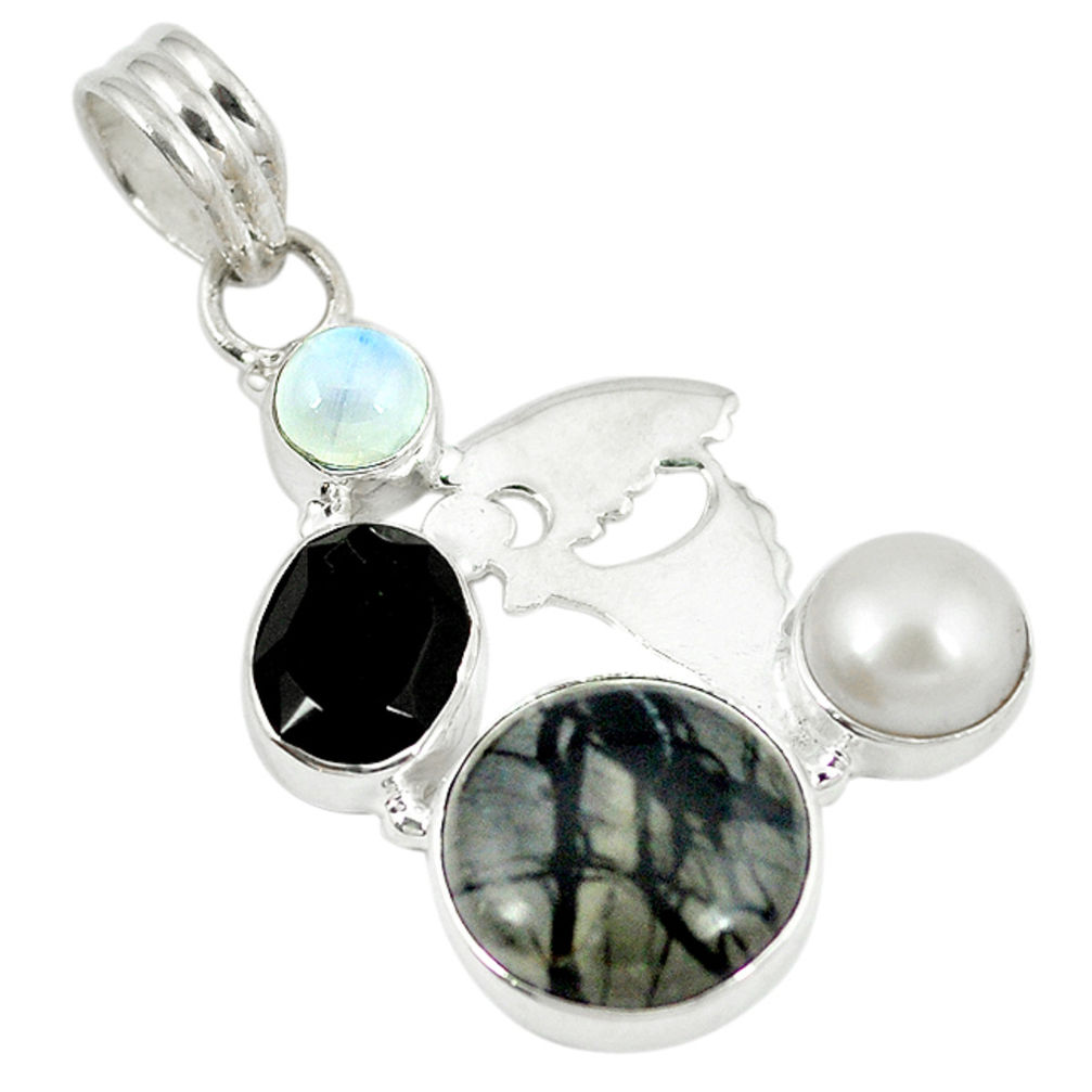 Natural black picasso moonstone pearl 925 sterling silver pendant d8459