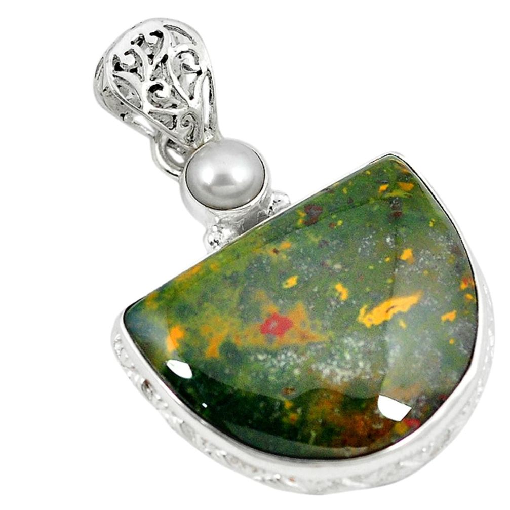 Natural green bloodstone african (heliotrope) pearl 925 silver pendant d8562