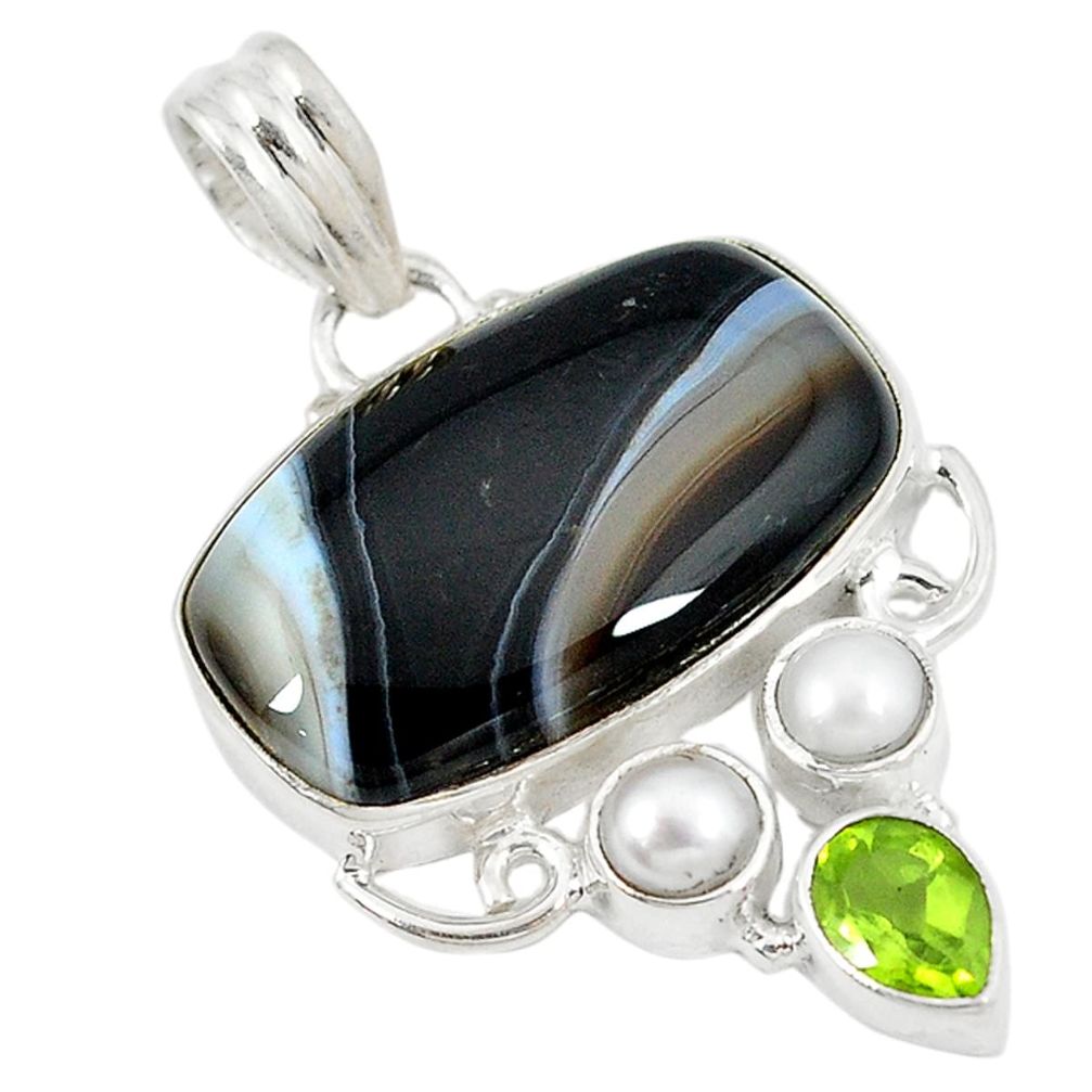 Natural black botswana agate peridot pearl 925 sterling silver pendant d8578