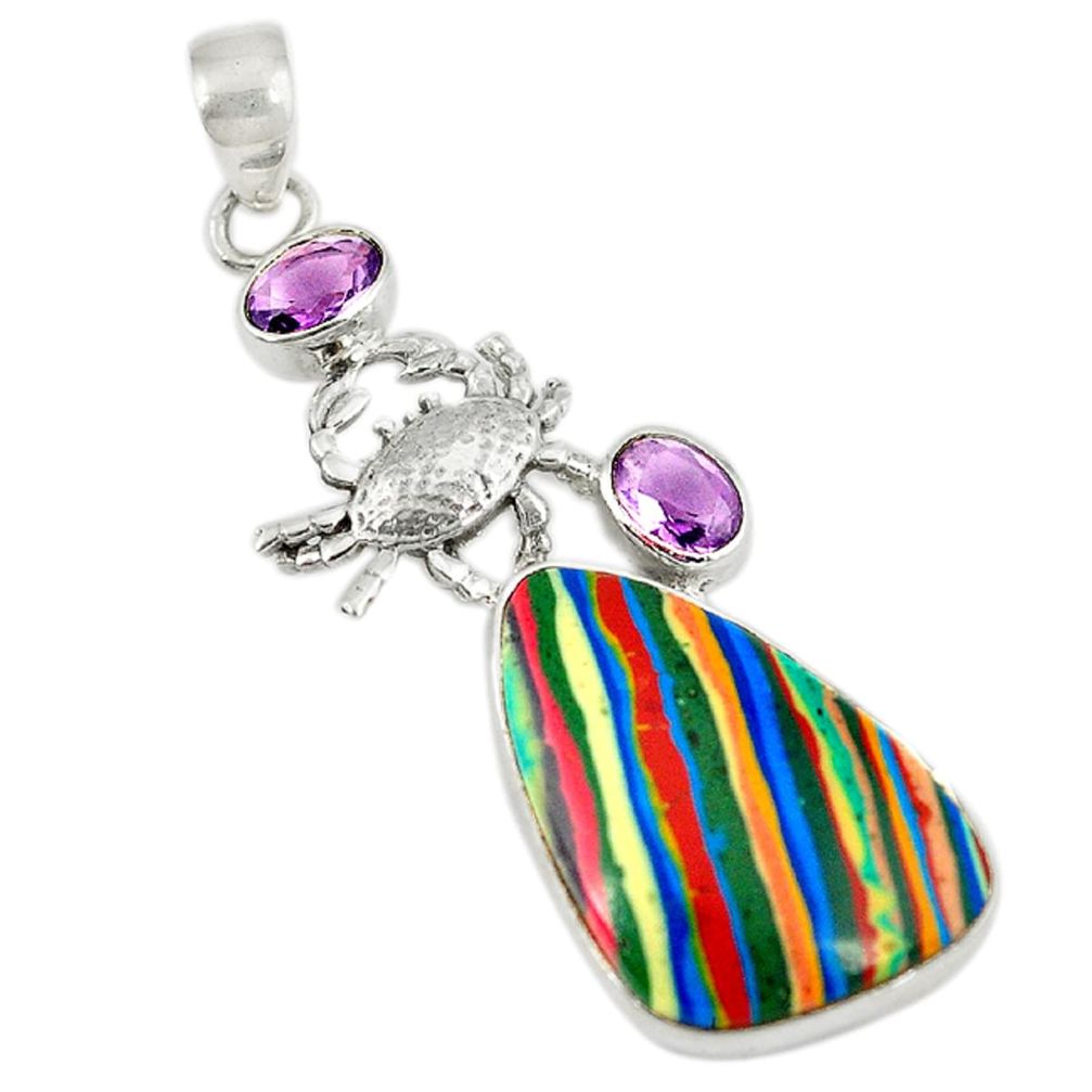 Natural multi color rainbow calsilica amethyst 925 silver crab pendant d8623