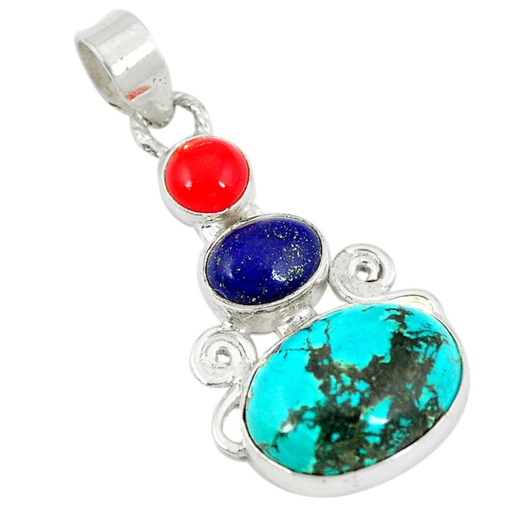 Natural green turquoise tibetan lapis lazuli coral 925 silver pendant d8626