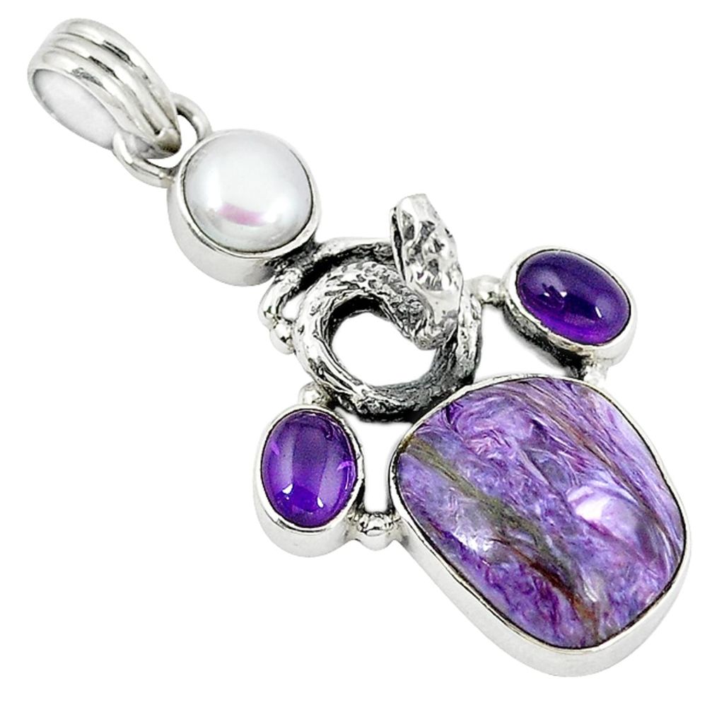 Natural purple charoite (siberian) amethyst pearl 925 silver pendant d9121