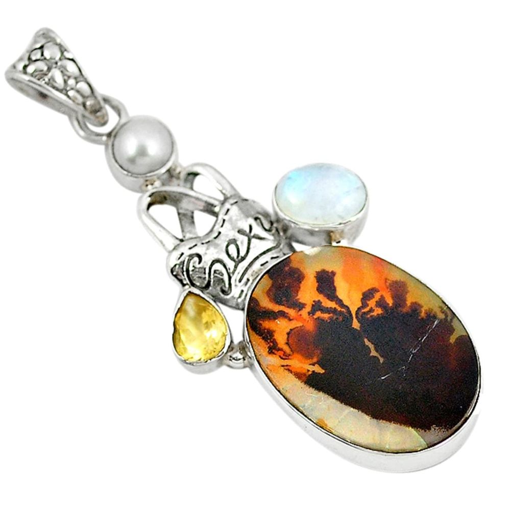 Natural scenic russian dendritic agate pearl 925 sterling silver pendant d9259