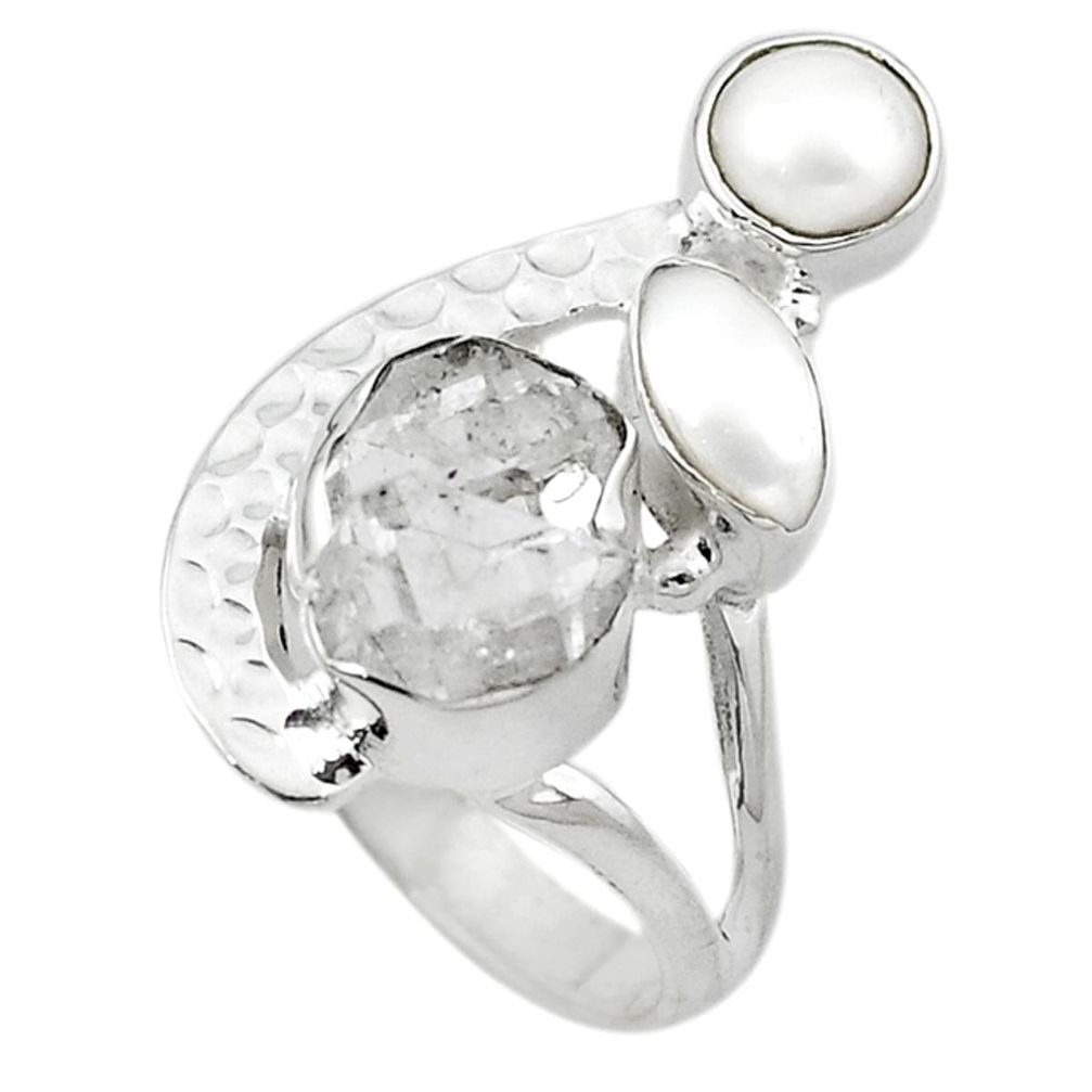 Natural white herkimer diamond pearl 925 silver ring jewelry size 8 d10486
