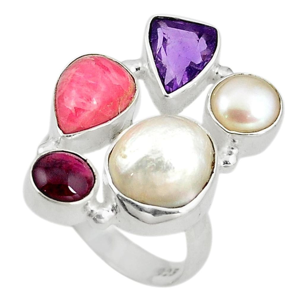 925 silver natural white biwa pearl rhodochrosite inca rose ring size 8.5 d10557