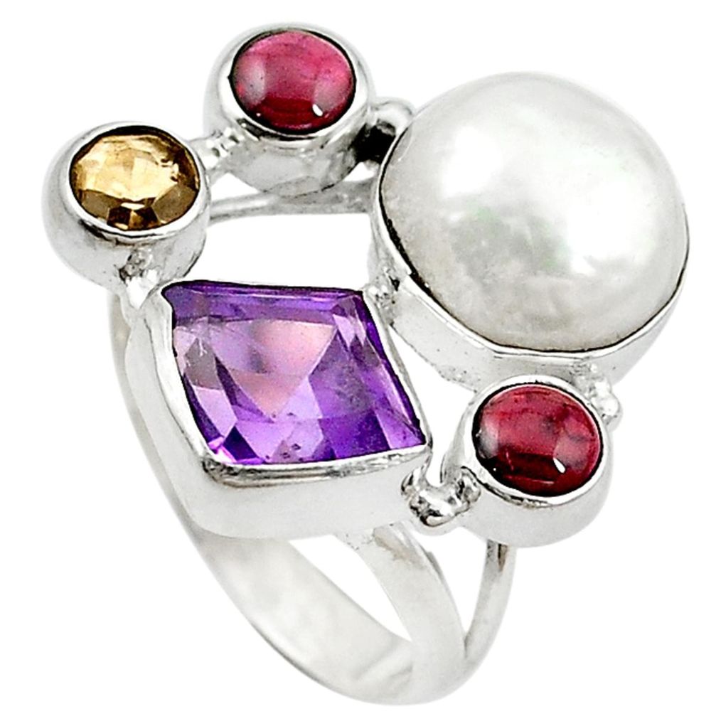 Natural white pearl amethyst 925 sterling silver ring size 8.5 d10646