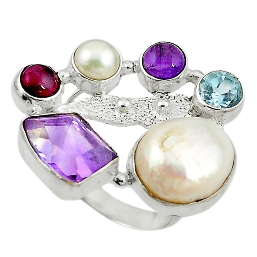 Natural white pearl amethyst topaz 925 sterling silver ring size 7 d10680