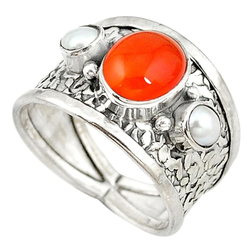 Natural orange onyx white pearl 925 sterling silver ring size 7.5 d10911
