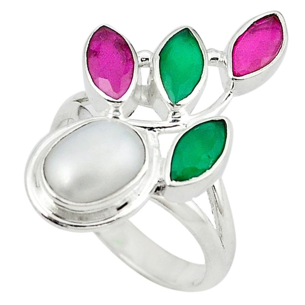 Natural white pearl emerald ruby quartz 925 silver ring size 8.5 d13723