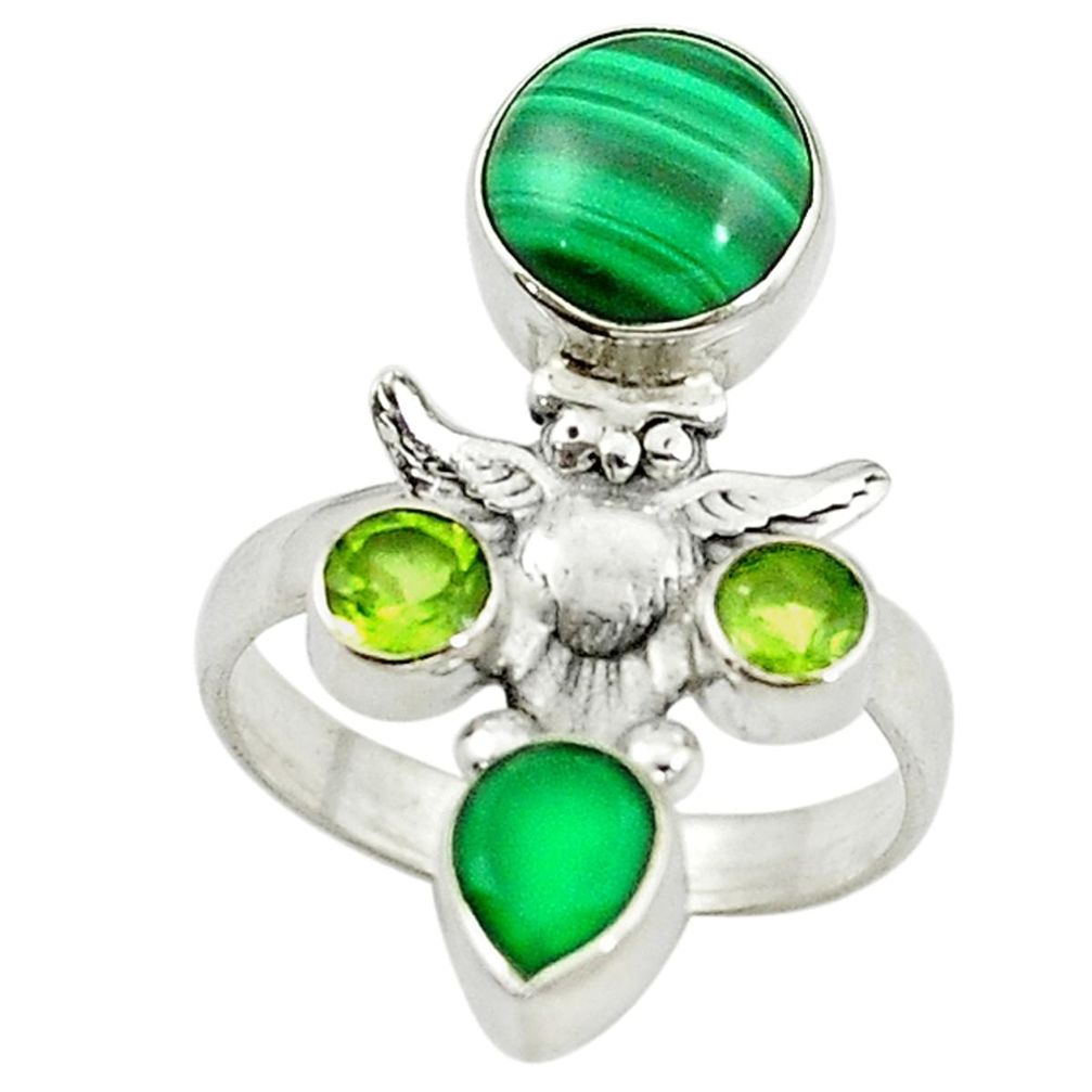 Natural green malachite (pilot's stone) 925 silver owl ring size 9 d14394