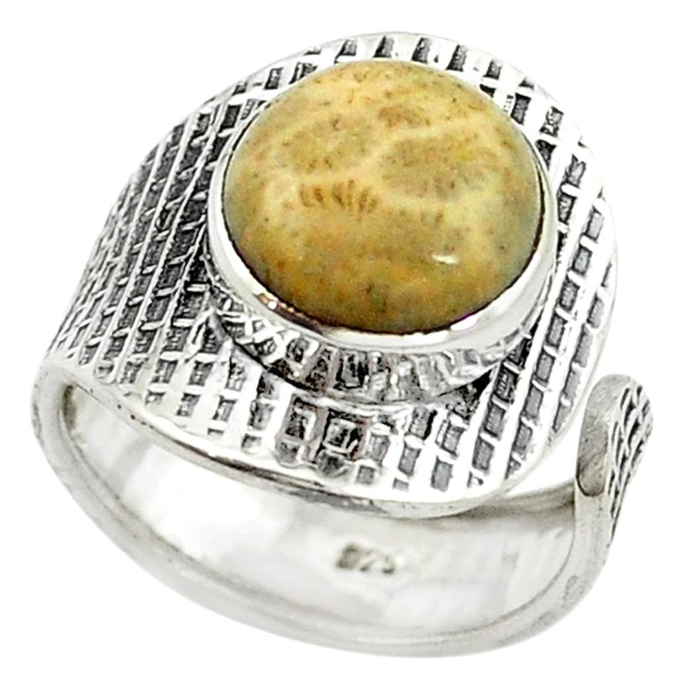 Fossil coral (agatized) petoskey stone 925 silver adjustable ring size 8 d14426