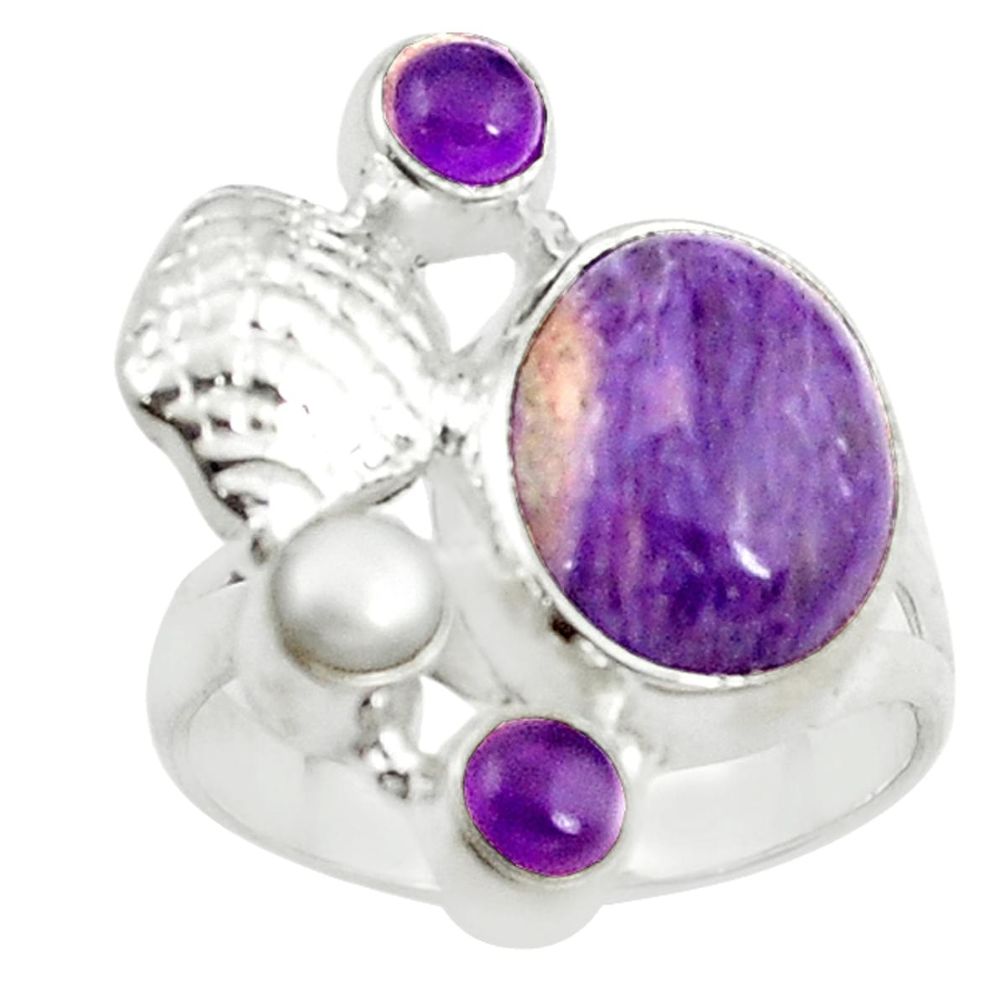 Natural purple charoite (siberian) 925 sterling silver ring size 8 d14457