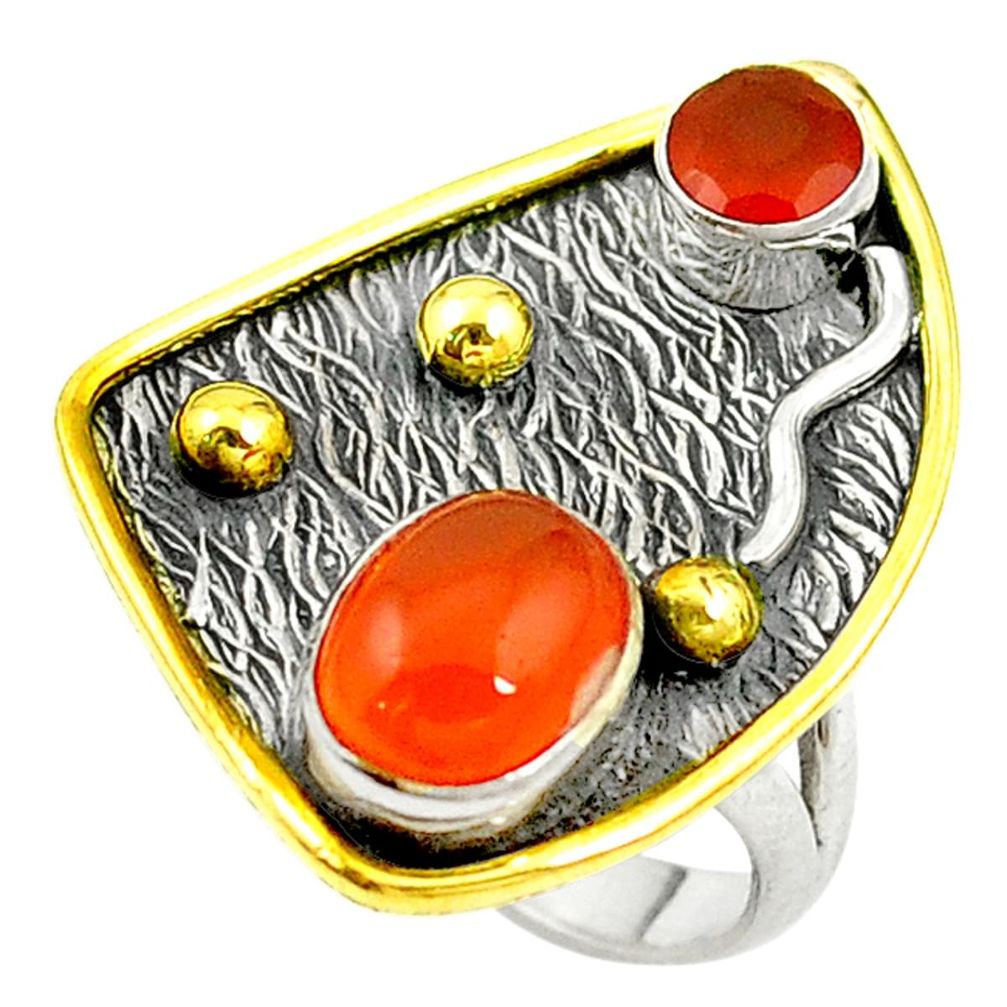 Natural orange cornelian (carnelian) 925 silver two tone ring size 6.5 d15254