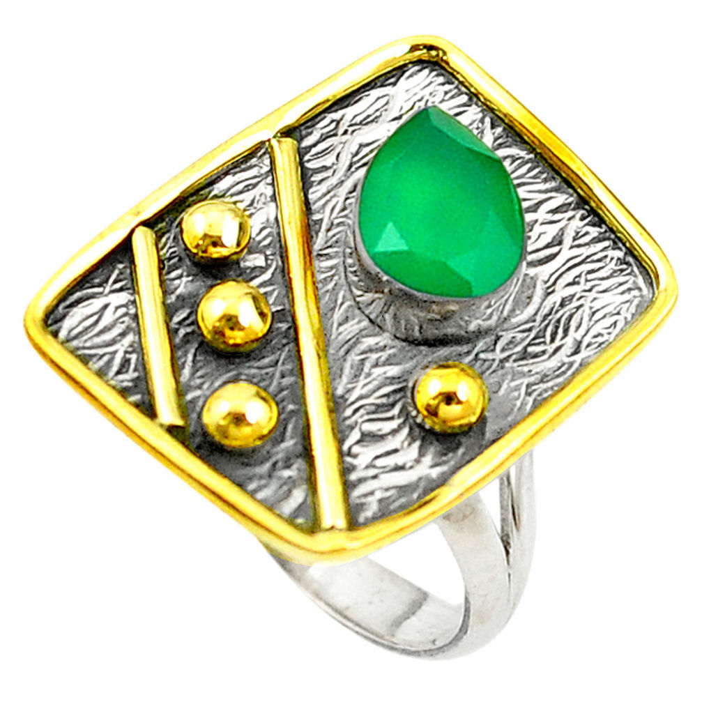 Victorian natural green chalcedony 925 silver two tone ring size 6 d15271