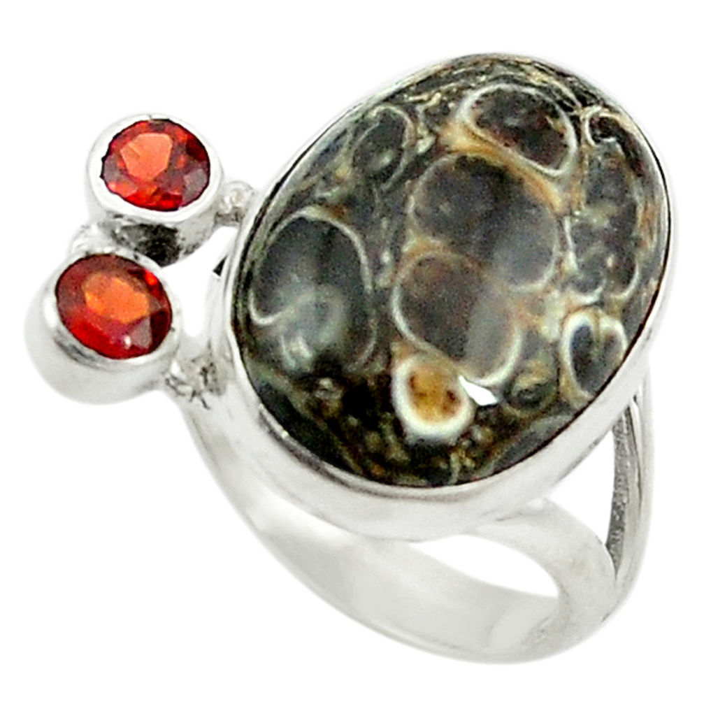 Natural brown turritella fossil snail agate 925 silver ring size 6 d15369