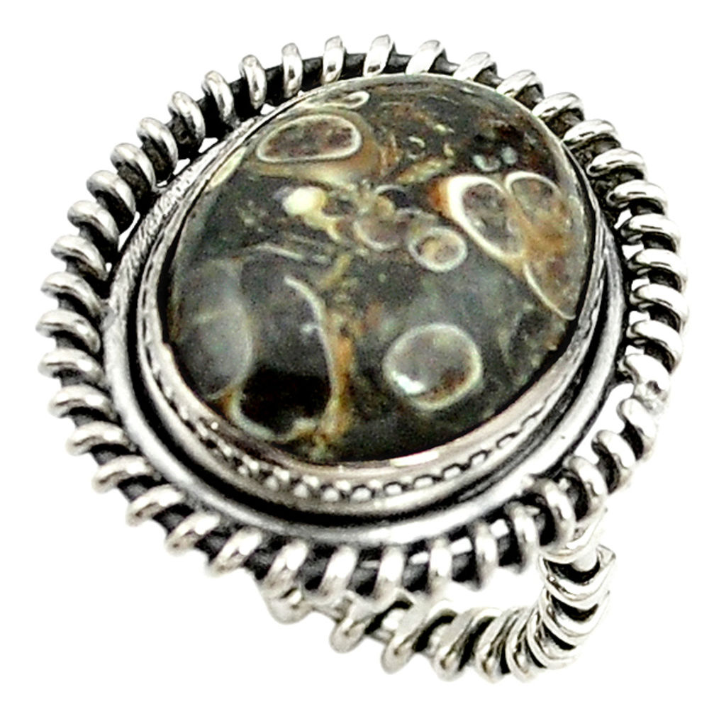 Natural brown turritella fossil snail agate 925 silver ring size 6.5 d15395