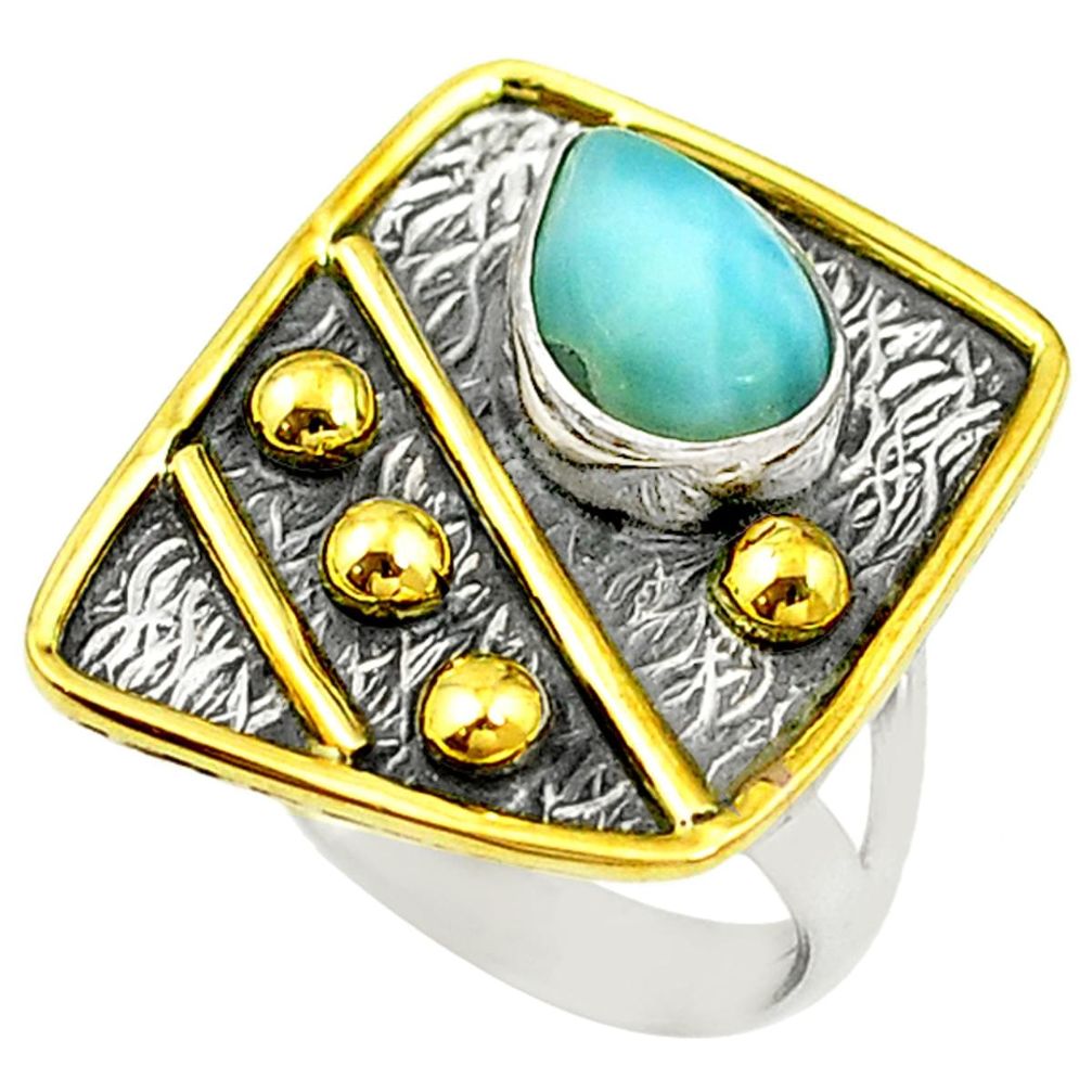 Victorian natural blue larimar 925 silver two tone ring size 6.5 d15436