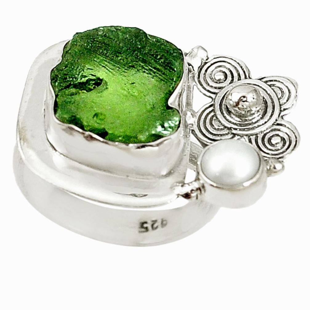 Natural green moldavite (genuine czech) 925 silver ring size 6 d16982