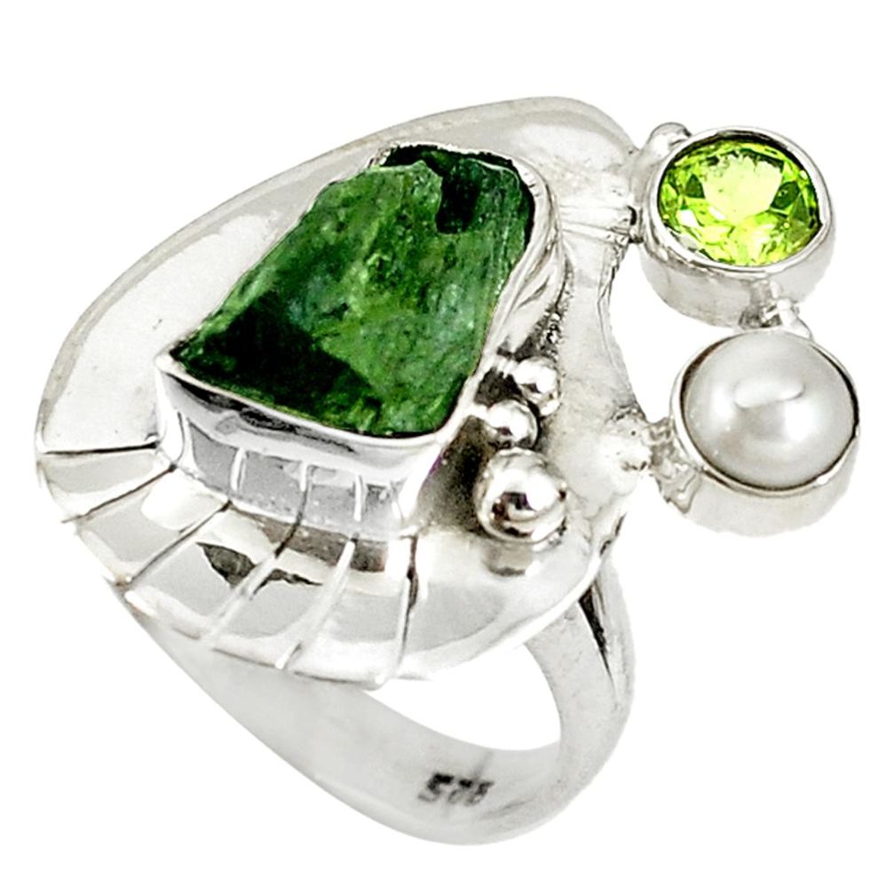 Natural green moldavite (genuine czech) pearl 925 silver ring size 8 d16993