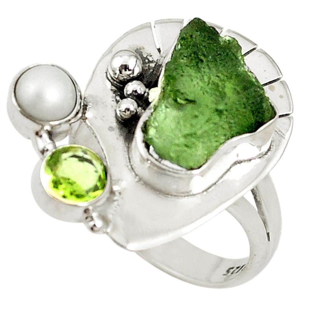 Natural green moldavite (genuine czech) pearl 925 silver ring size 8 d16997