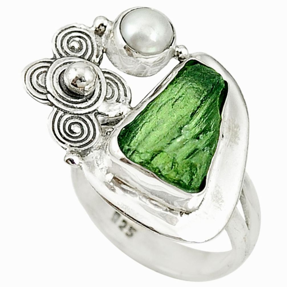 Natural green moldavite (genuine czech) pearl 925 silver ring size 6 d17002