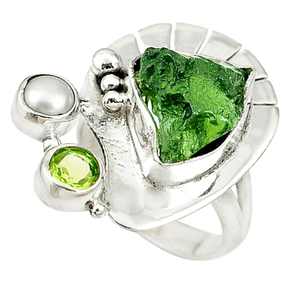 Natural green moldavite (genuine czech) peridot 925 silver ring size 6 d17003