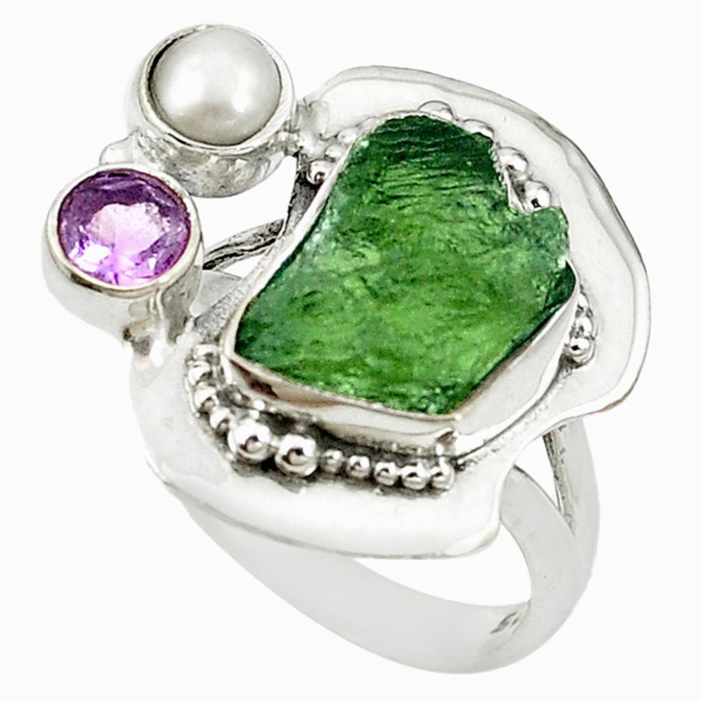 925 silver natural green moldavite (genuine czech) pearl ring size 7 d17010