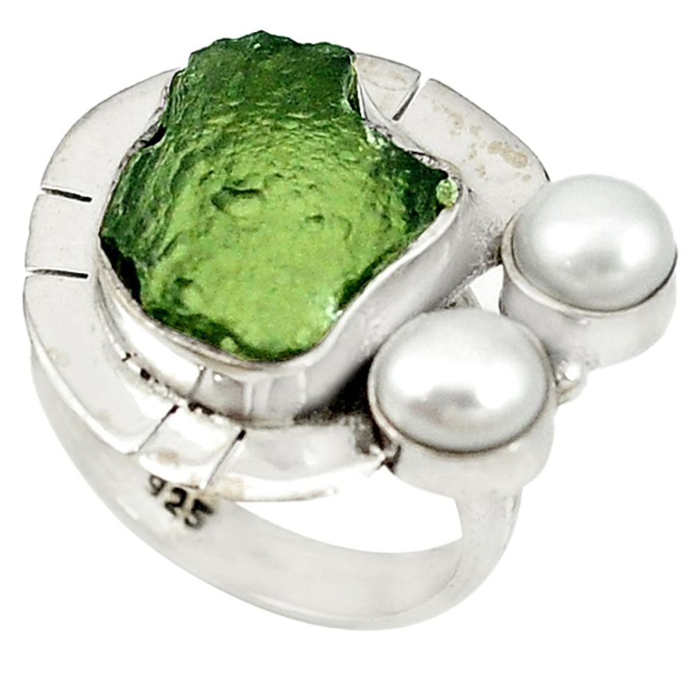 Natural green moldavite (genuine czech) pearl 925 silver ring size 6 d17012