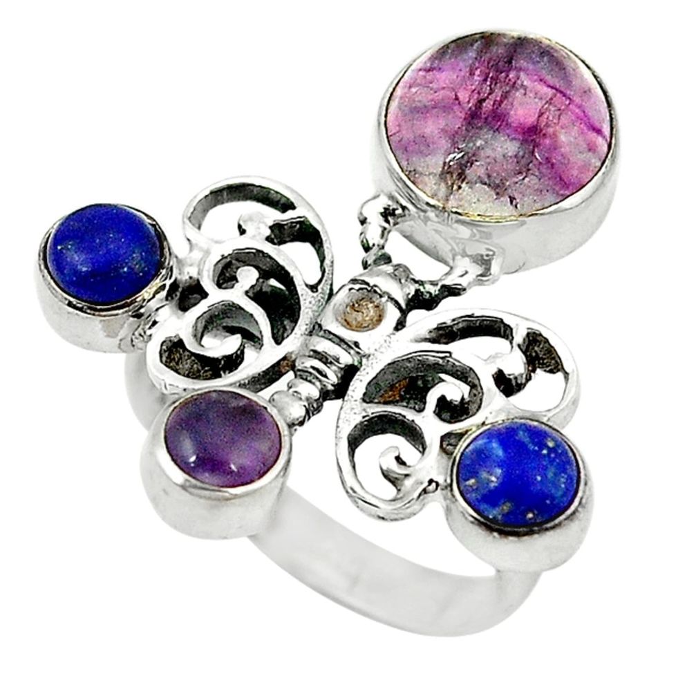 Natural multi color fluorite lapis 925 silver butterfly ring size 7.5 d1723