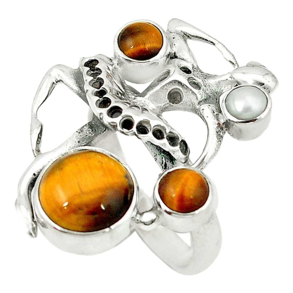 Natural brown tiger's eye white pearl 925 sterling silver ring size 8.5 d1734