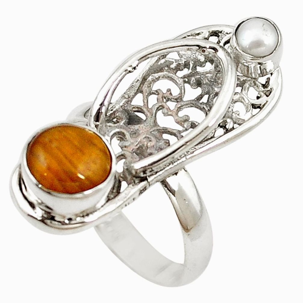 Natural brown tiger's eye pearl 925 silver sleeper charm ring size 7 d18353