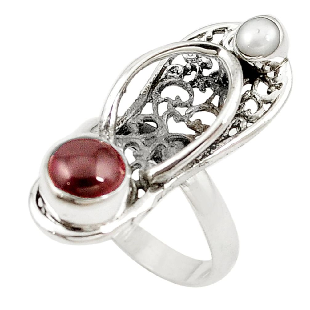 Natural red garnet pearl 925 silver sleeper charm ring jewelry size 7 d18387