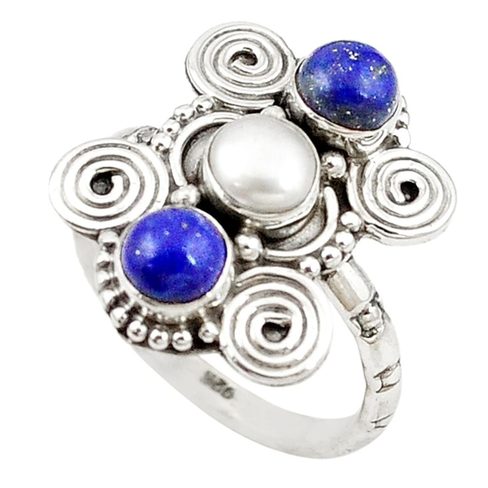 925 sterling silver natural white pearl blue lapis lazuli ring size 7 d18408