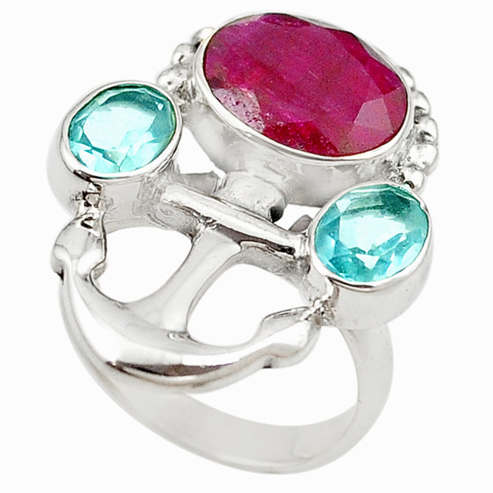 925 sterling silver red ruby quartz blue topaz ring jewelry size 6 d18444
