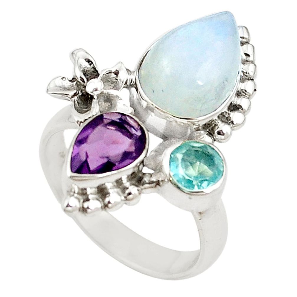 Natural rainbow moonstone amethyst topaz 925 silver ring jewelry size 7 d18470