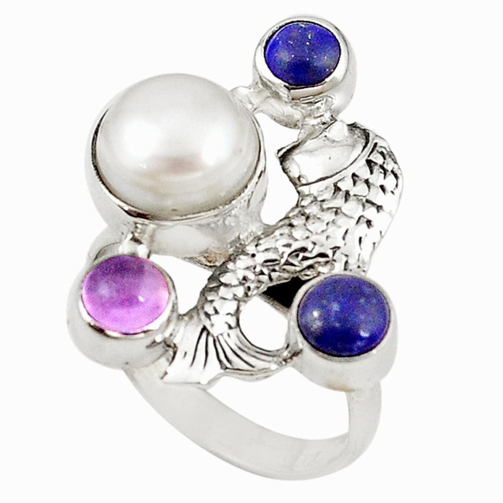 Natural white pearl amethyst 925 sterling silver fish ring size 7 d18479