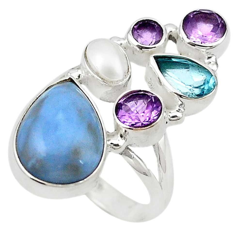 Natural blue owyhee opal amethyst topaz pearl 925 silver ring size 7 d19046