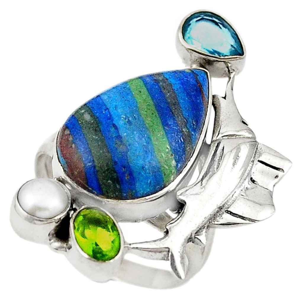 Natural multi color rainbow calsilica 925 silver dolphin ring size 8 d19047