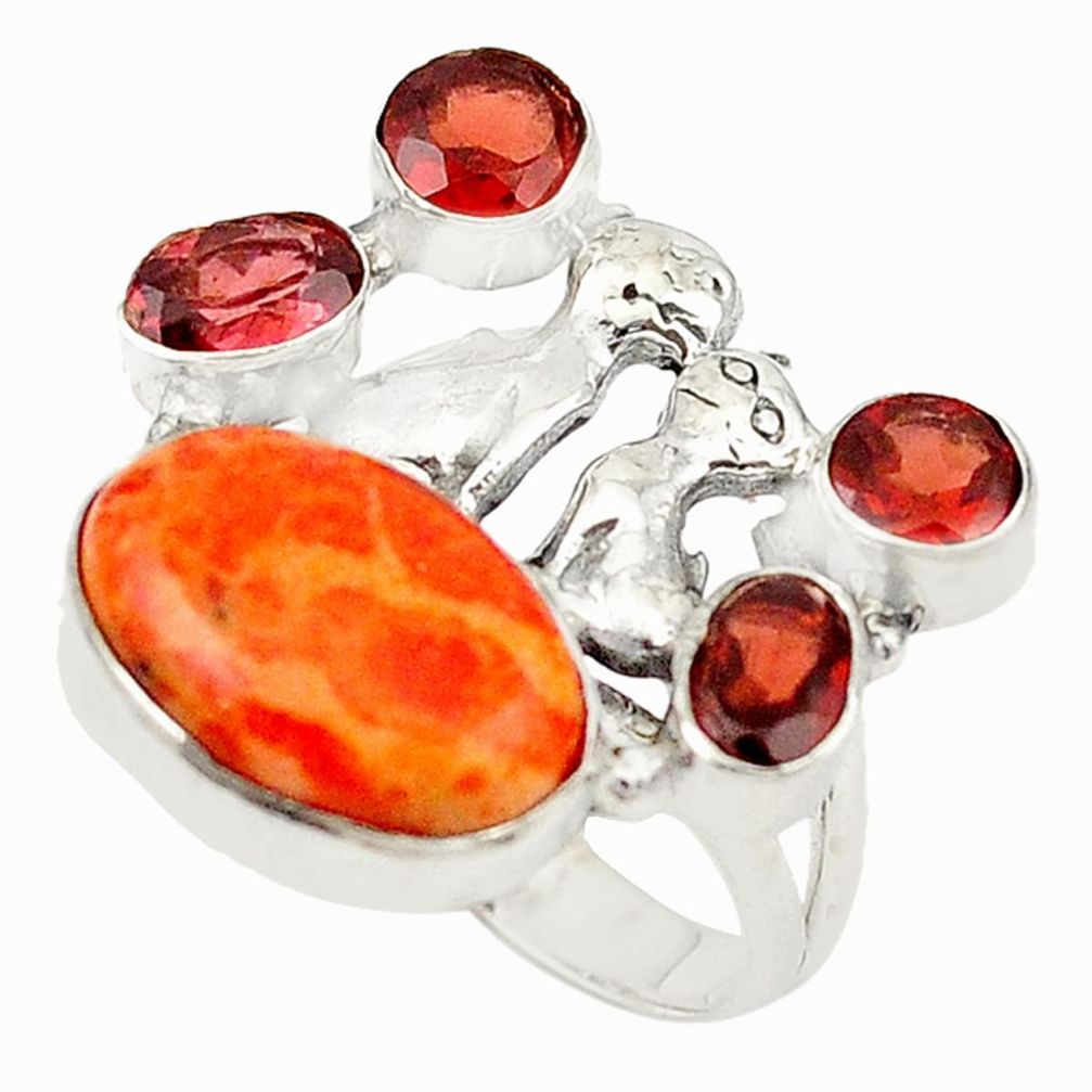 Red copper turquoise garnet 925 silver two cats ring jewelry size 6.5 d19066