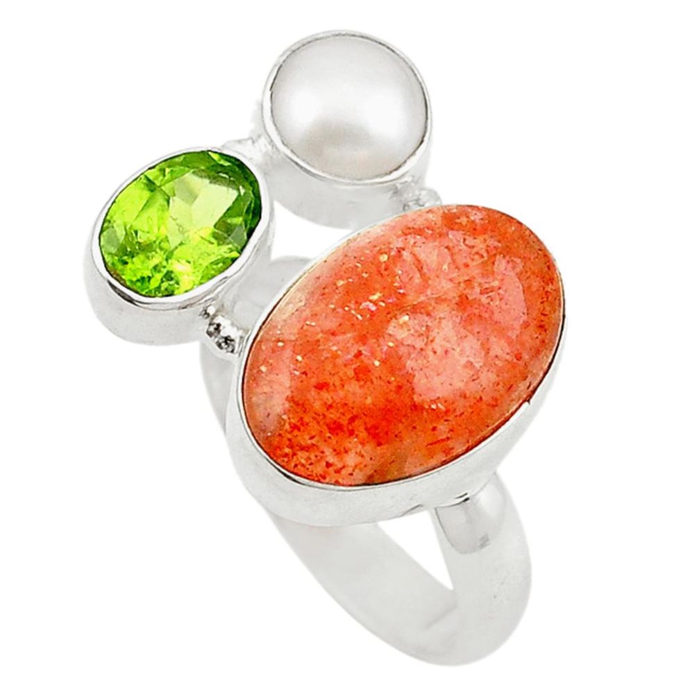 925 silver natural orange sunstone (hematite feldspar) pearl ring size 7 d19070