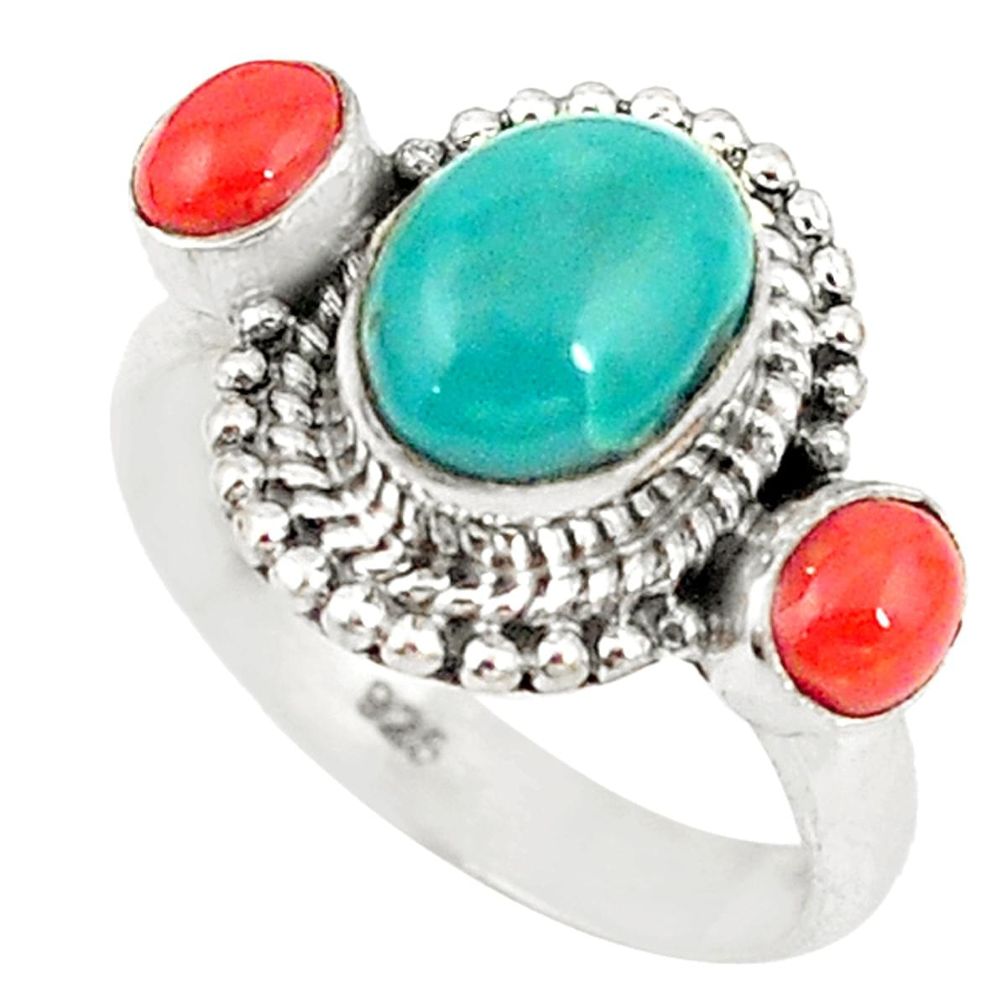 Natural green turquoise tibetan coral 925 silver ring jewelry size 7.5 d20203