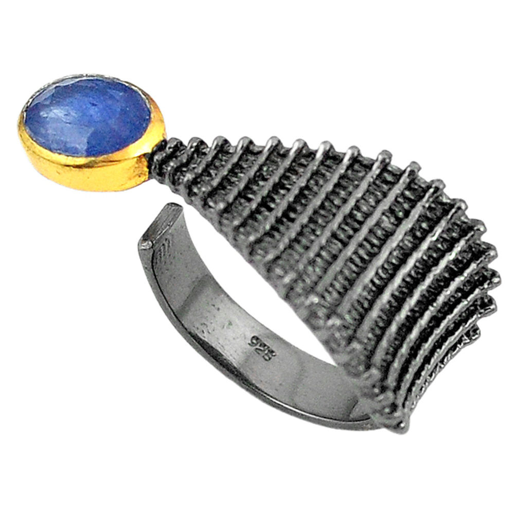 Blue kyanite black rhodium 925 silver 14k gold adjustable ring size 8.5 d20216