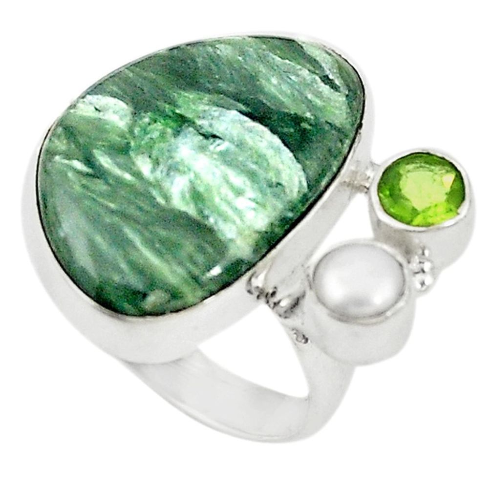 Natural green seraphinite (russian) pearl 925 silver ring size 8.5 d20255