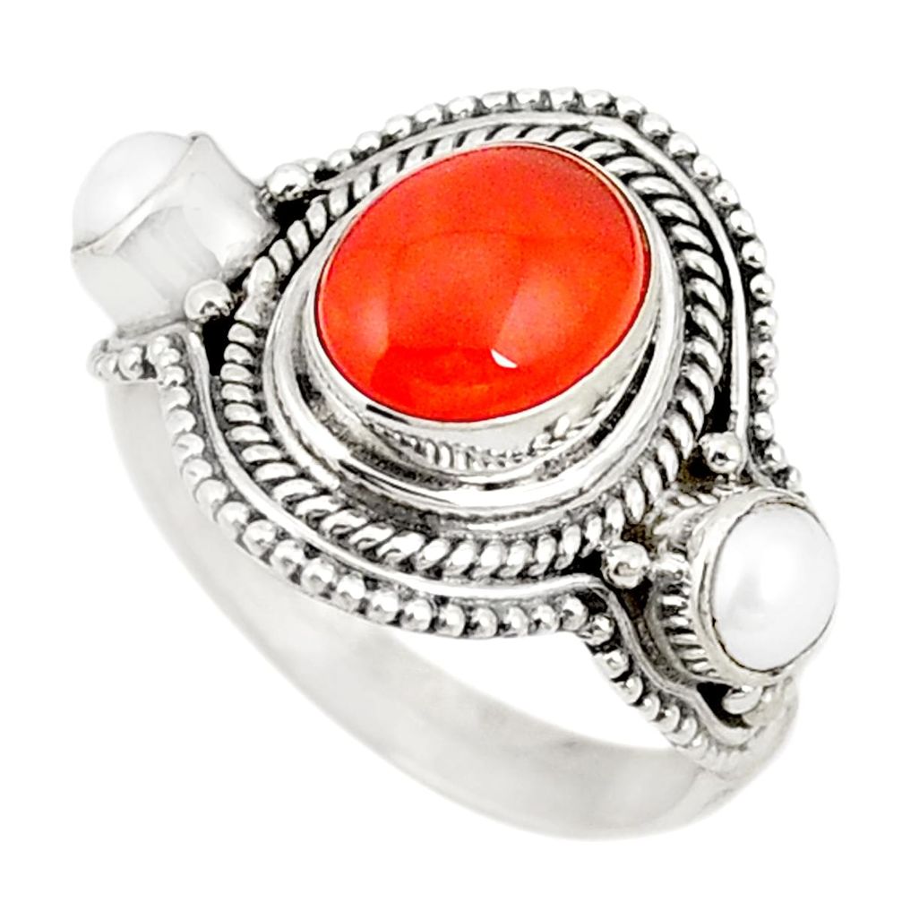 Natural orange cornelian (carnelian) white pearl 925 silver ring size 7 d20631