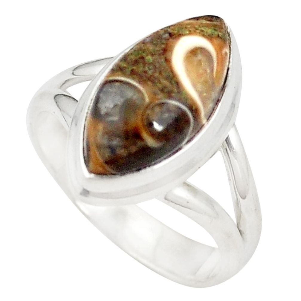 Natural brown turritella fossil snail agate 925 silver ring size 7.5 d20689