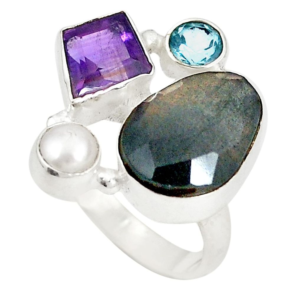 Natural blue labradorite amethyst topaz pearl 925 silver ring size 7.5 d20743