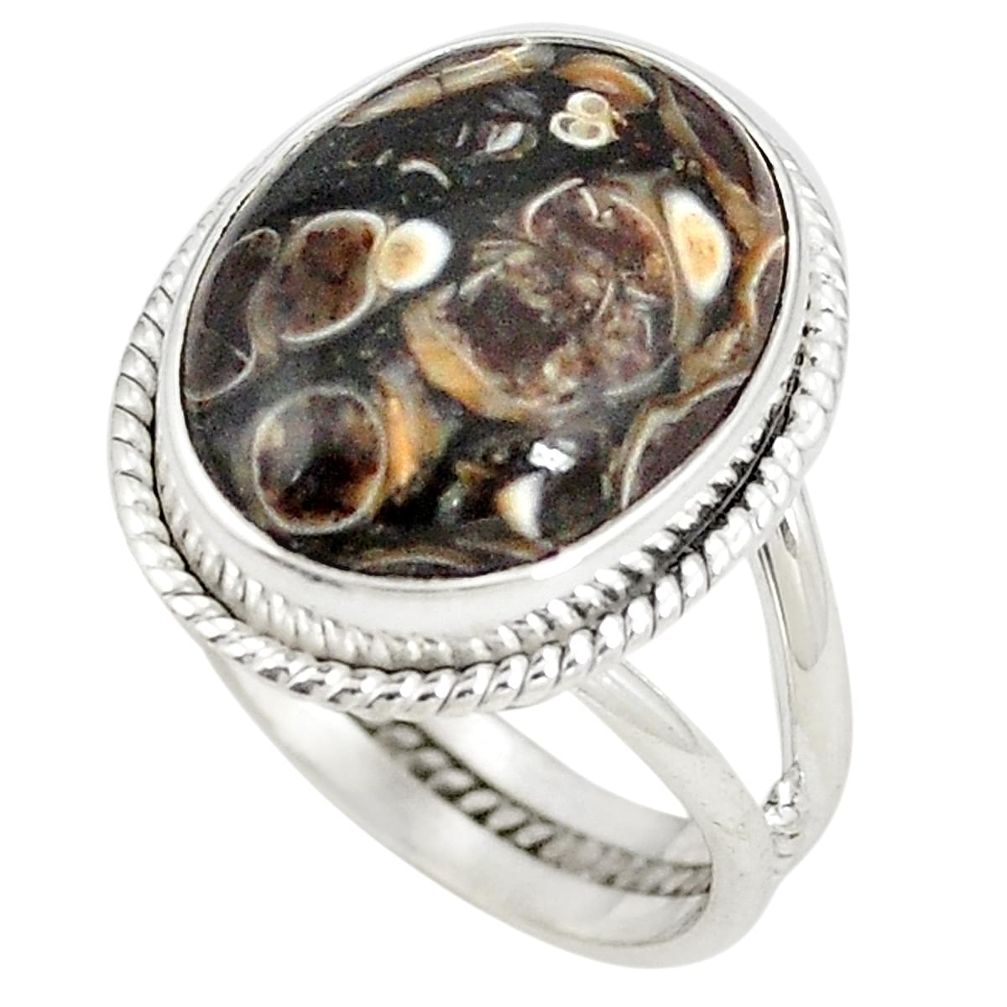 Natural brown turritella fossil snail agate 925 silver ring size 8.5 d20750