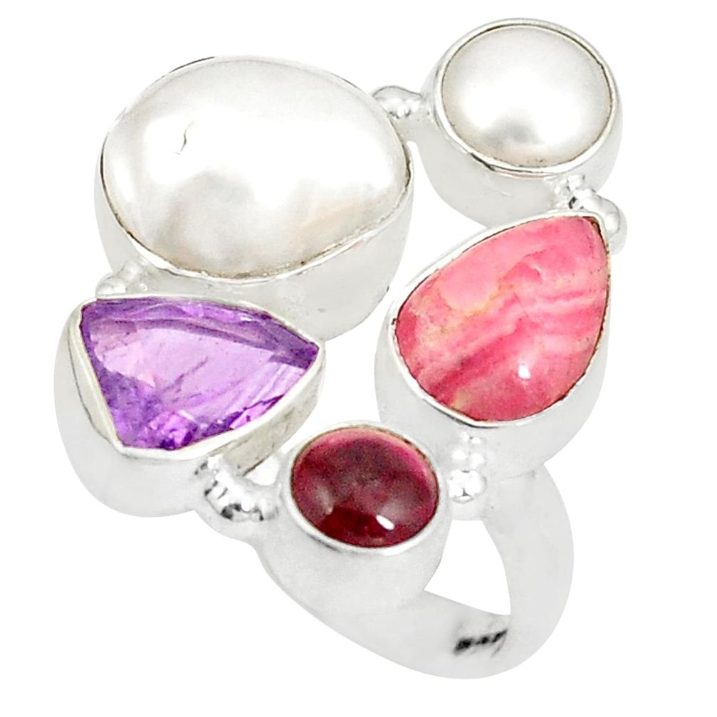 Natural white pearl rhodochrosite inca rose pearl 925 silver ring size 7 d20901