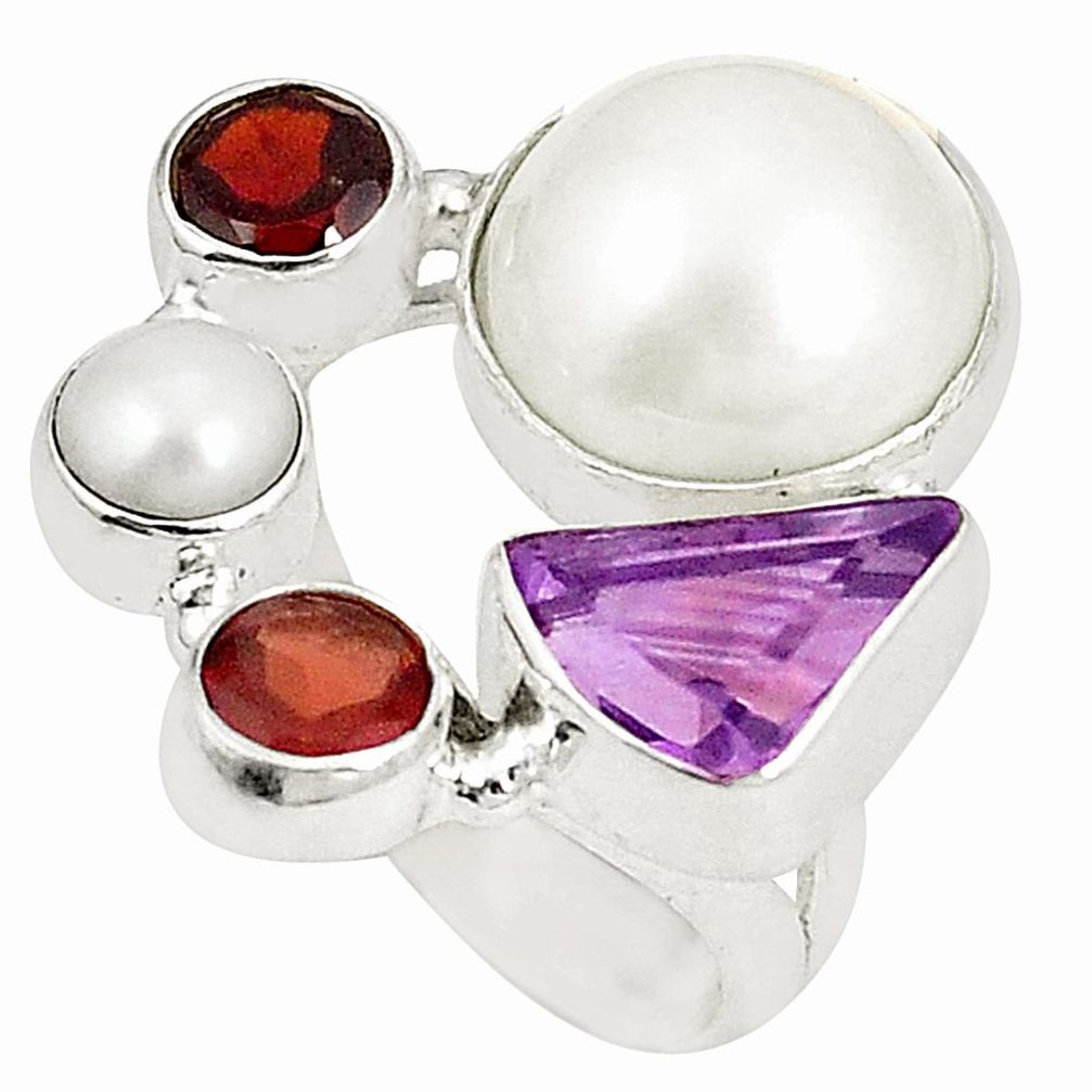 925 sterling silver natural white pearl red garnet ring jewelry size 6 d20906