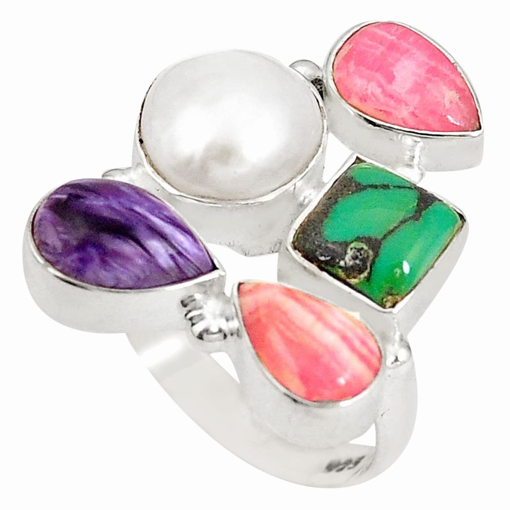 Natural white pearl rhodochrosite inca rose 925 silver ring size 8.5 d20956